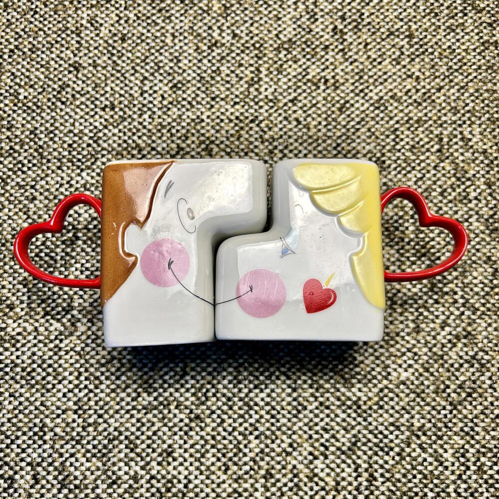 Enesco We're a‎ Perfect Match Kissing Couple Mugs 1986 Korea 2pc Set